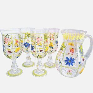 Handpainted French Country Ice Tea Glass Pitcher & Goblet Set floral 5pc flowers